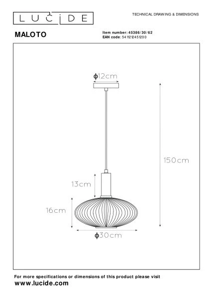 Lucide MALOTO - Pendant light - Ø 30 cm - 1xE27 - Amber - technical